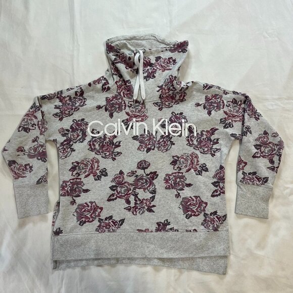 Calvin Klein Sweaters - Calvin Klein Light Gray Purple Floral Print Cowelneck Cropped Sweater | Size S